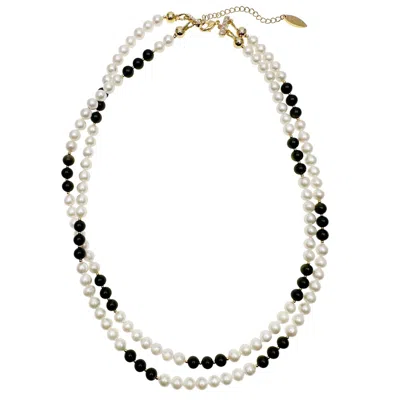 Farra Women's Black / White Timeless Black Obsidian & White Freshwater Pearls Double Layers Necklace In Multi