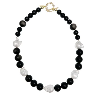Farra Women's Black / White Timeless Nugget Black Obsidian With Baroque Pearls Chunky Necklace In Multi
