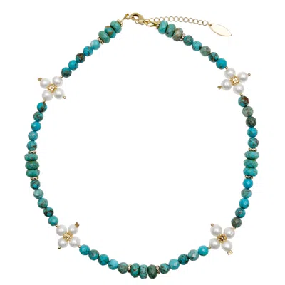 Farra Women's Black / White Turquoise With Flower Pearls Necklace In Gold