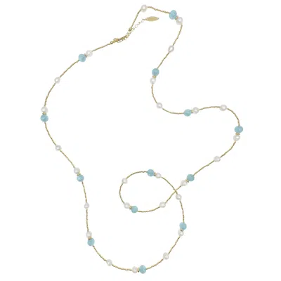 Farra Women's Blue Aquamarine And Freshwater Pearls Long Necklace