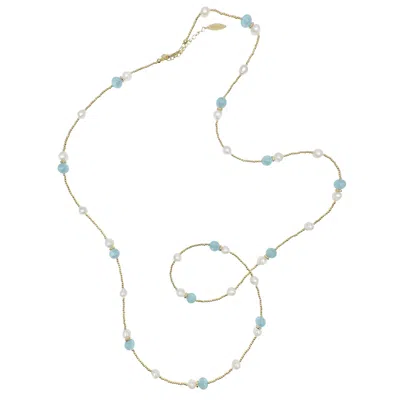 Farra Women's Blue Aquamarine And Freshwater Pearls Long Necklace In Gold