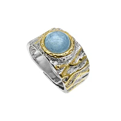 Farra Women's Blue Aquamarine Stone Platinum Plated Brass Adjustable Ring