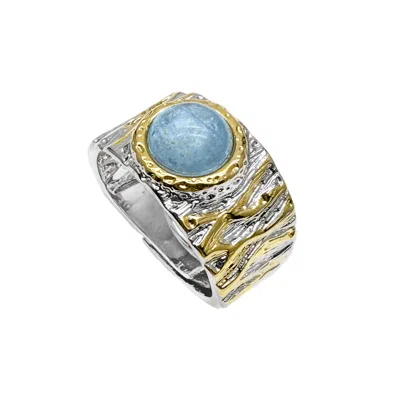 Farra Women's Blue Aquamarine Stone Platinum Plated Brass Adjustable Ring In Gold