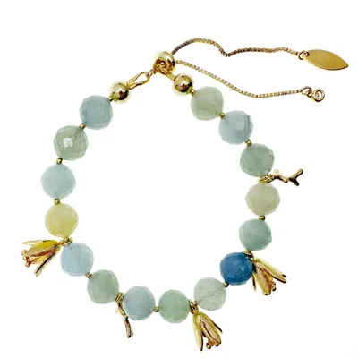 Farra Women's Blue Aquamarine With Floral Charms Adjustable Bracelet In Green