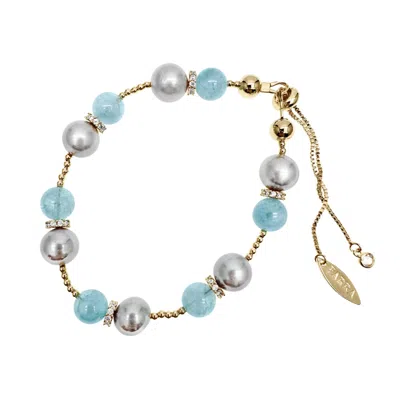 Farra Women's Blue Aquamarine With Gay Freshwater Pearls Adjustable Bracelet