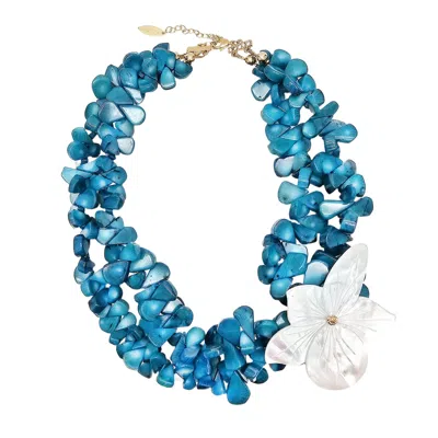 Farra Women's Blue Bamboo Coral With Flower Giant Shell Statement Necklace