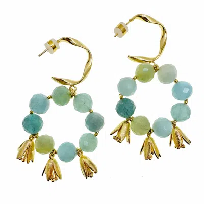 Farra Women's Blue Bohemia Style Aquamarine With Flower Charms Earrings In Gold