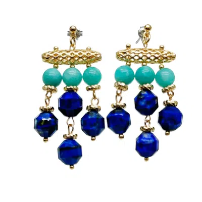 Farra Women's Blue Bohemia Style Green Amazoniite And Lapis Tassel Earrings