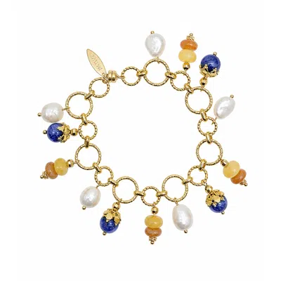 Farra Women's Blue Colorful Gemstone With Freshwater Pearl Charms Bracelet