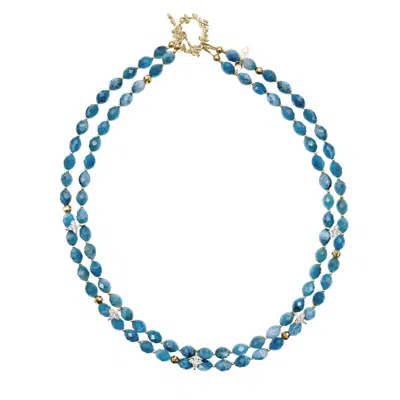 Farra Women's Blue Double Layers Apatite With Zircon Stone Collar Necklace