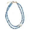 Farra Women's Blue Double Layers Round Aquamarine With Baroque Pearls Necklace