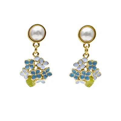 Farra Women's Blue Flower Dangle With Pearls Stud Earrings In Gold