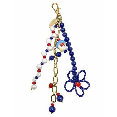 Farra Women's Blue Flower Lapis And Pearls With Ceramic House Charm Phone Strap / Bag Charm In Multi