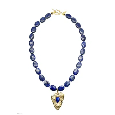 Farra Women's Blue / Gold Oval Lapis With Heart Charm Short Necklace