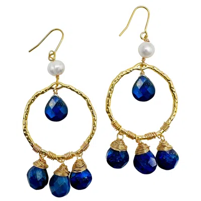 Farra Women's Blue / Gold / White Lapis With Freshwater Pearls Dangle Earrings