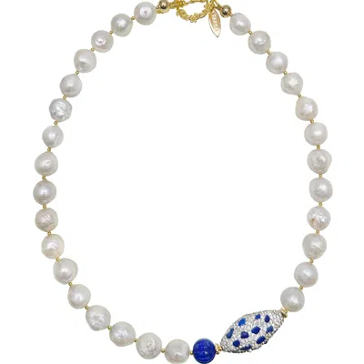 Farra Women's Blue Gorgeous Freshwater Pearls With Lapis Rhinestone Statement Necklace In Brown