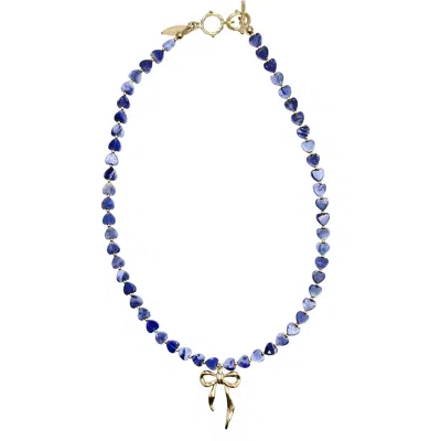 Farra Women's Blue Heart Shaped Sodalite With Bow Pendant Necklace