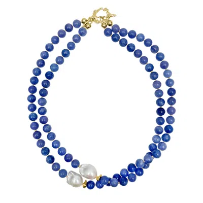 Farra Women's Blue Jade With Baroque Pearls Double Layers Necklace