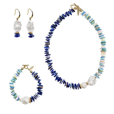 Farra Women's Blue Kyanite And Colorful Shell With Baroque Pearl Necklace Bracelet Earrings Set