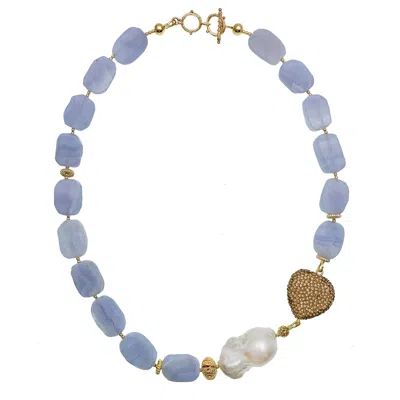 Farra Women's Blue Lace Agate Heart Charm Short Necklace