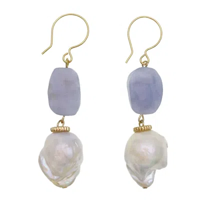 Farra Women's Blue Lace Agate With Baroque Pearl Hook Earrings