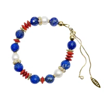 Farra Women's Blue Lapis Red Bamboo Coral And Pearl Adjustable Slider Bracelet