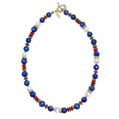 Farra Women's Blue Lapis Red Bamboo Coral And Pearls Colormixed Necklace In Multi