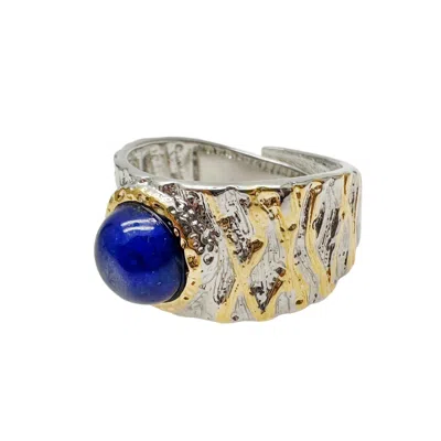 Farra Women's Blue Lapis Stone Platinum Plated Brass Adjustable Ring