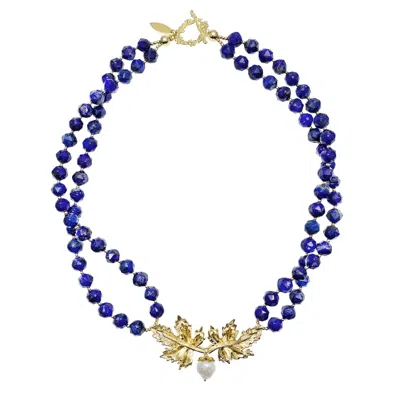Farra Women's Blue Lapis Stones With Leaf Charm Double Strands Statement Necklace In Gold