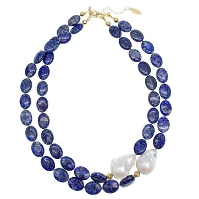 Farra Women's Blue Lapis With Baroque Pearl Double Strands Necklace
