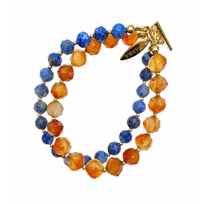 Farra Women's Blue Lapis With Orange Agate Double Layers Bracelet