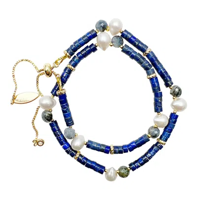 Farra Women's Blue Lapis With Teardrop Freshwater Pearls Double Layers Bracelet