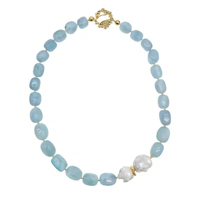Farra Women's Blue Nugget Aquamarine With Natural Baroque Pearls Necklace