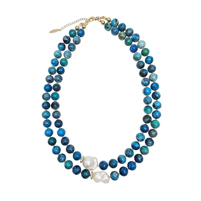 Farra Women's Blue Opal With Baroque Pearls Double Layers Necklace