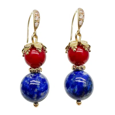 Farra Women's Blue / Red Lapis And Red Coral Dangle Earrings In Gold