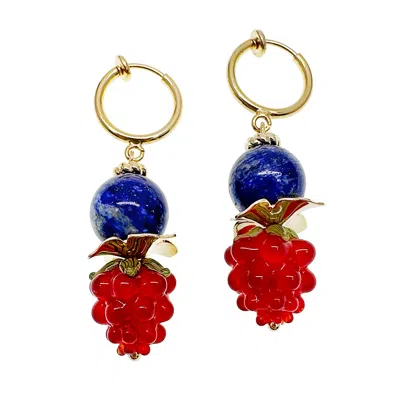 Farra Women's Blue / Red Lapis With Red Rasberry Clip-on Earrings