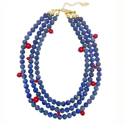 Farra Women's Blue / Red Multi-layers Matte Blue Lapis With Red Coral Statement Necklace
