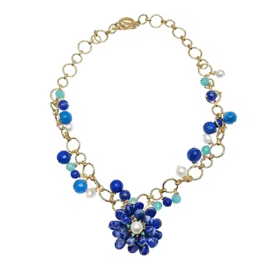 Farra Women's Blue Removable Flower Lapis Brooch Pendant Statement Necklace