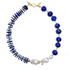 Farra Women's Blue Round & Flat Lapis  With Baroque Pearls Statement Necklace In Blue