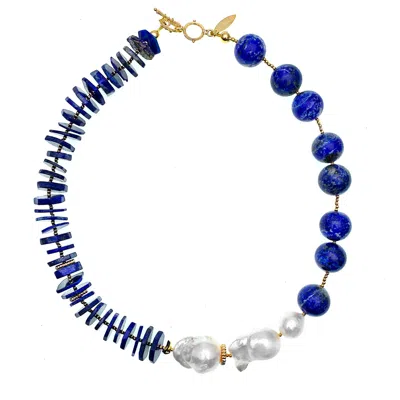 Farra Women's Blue Round & Flat Lapis  With Baroque Pearls Statement Necklace