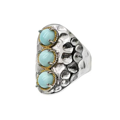 Farra Women's Blue Turquoise Stones Platinum Plated Brass Adjustable Ring