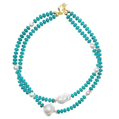 Farra Women's Blue Turquoise With Baroque Pearl Double Layers Statement Necklace