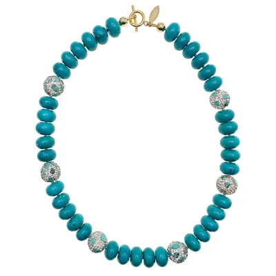 Farra Women's Blue Turquoise With Rhinestones Bordered Short Necklace