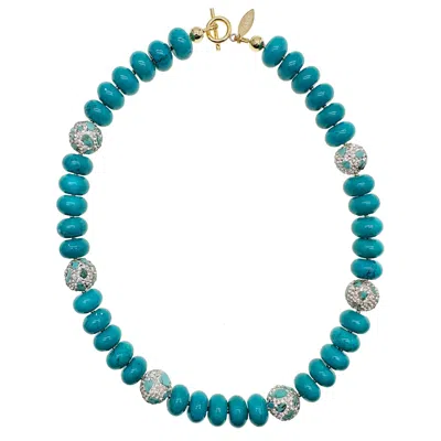 Farra Women's Blue Turquoise With Rhinestones Bordered Turquoise Short Necklace