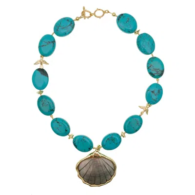 Farra Women's Blue Turquoise With Shell Pendant Short Necklace