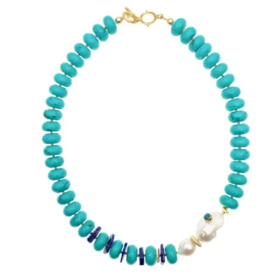 Farra Women's Blue Turquoise With Studded Baroque Short Necklace