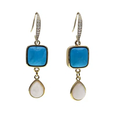 Farra Women's Blue Turquoise With Teardrop Moonstone Dangle Comfortable Earrings