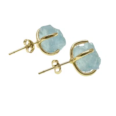 Farra Women's Blue Unpolished Aquamarine Stone Stud Earrings In Gold