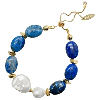 Farra Women's Blue / White Agate With Baroque Freshwater Pearl Adjustable Bracelet