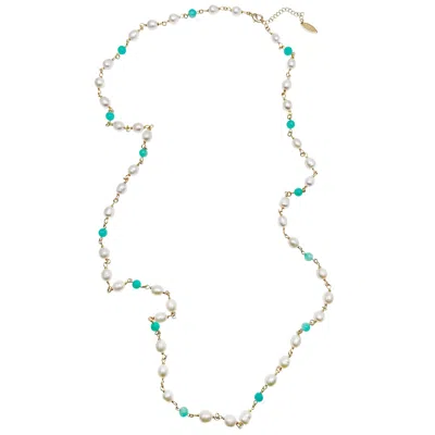 Farra Women's Blue / White Amazonite Stone And Freshwater Pearls Station Necklace